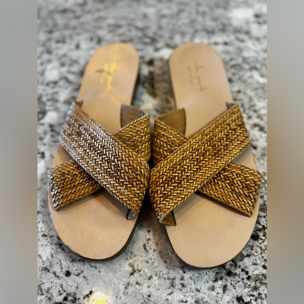 Mila Paoli Braided Tan and Gold Slide Sandals